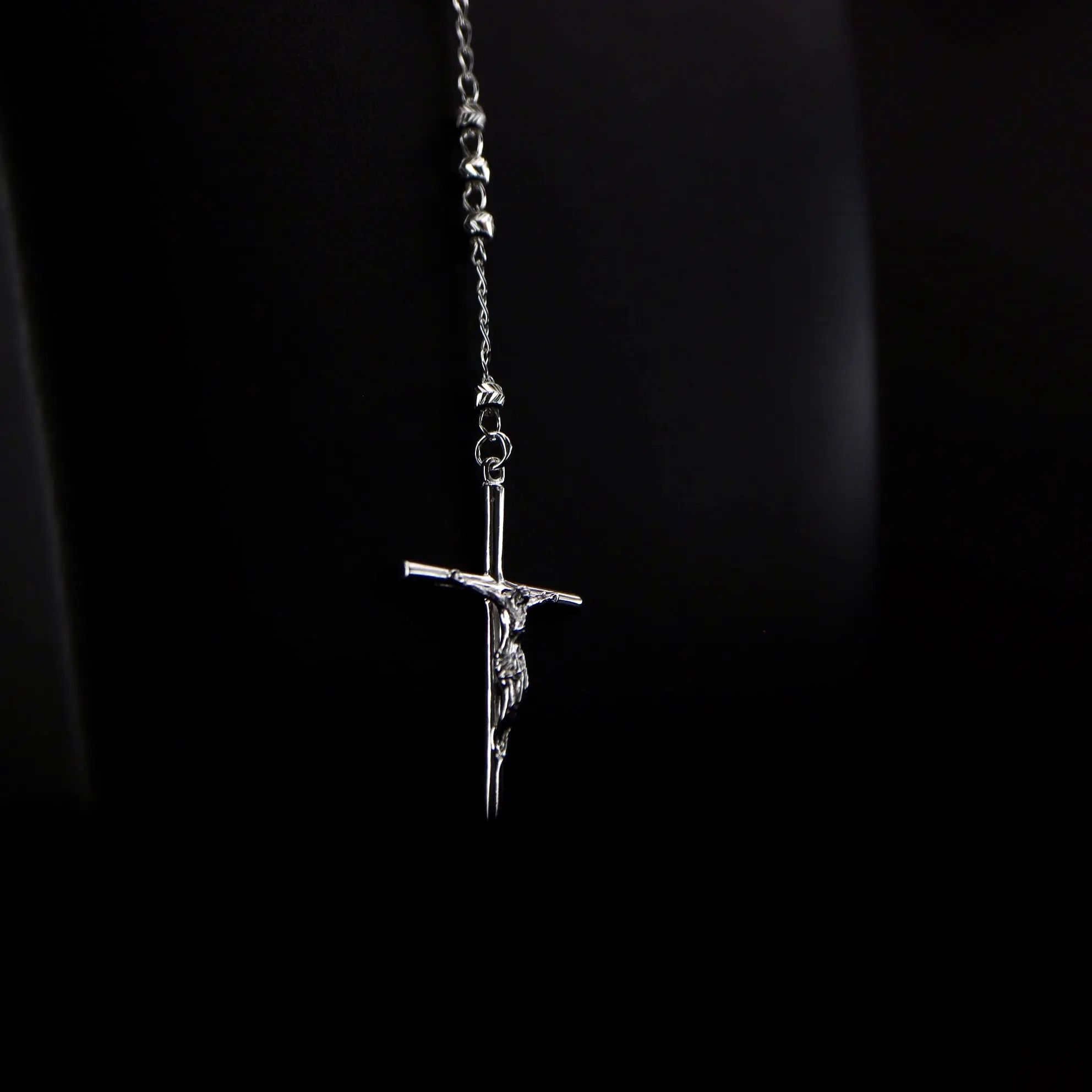 925 Sterling Silver Beaded Rosary Necklace, 20-Inch Diamond V-Cut Rosary Chain with 3mm Beads, Unisex Casual Daily Wear High-Polished Religious Jewelry