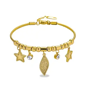 Fashion Elegant Simple Inlaid Zircon Leaf Star Beaded Titanium Steel Jewelry Bracelet for Women