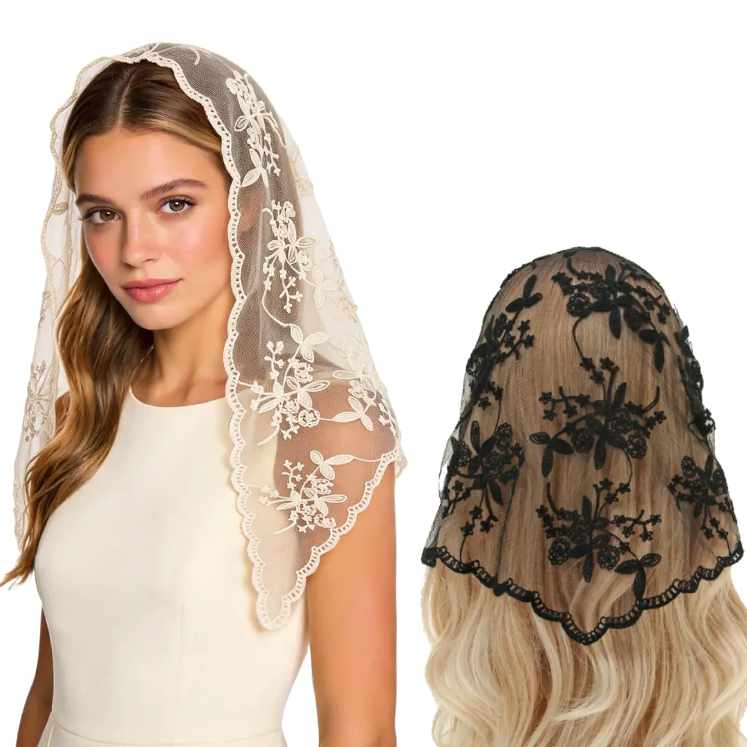 2pcs Triangle Veil Church Wedding Mass Mantilla Veils Head Covering Scarf | Triangle Scarf Veils For Wedding, Women Short Bride/Bridal Veil, Religious Christian Prayer Headscarf
