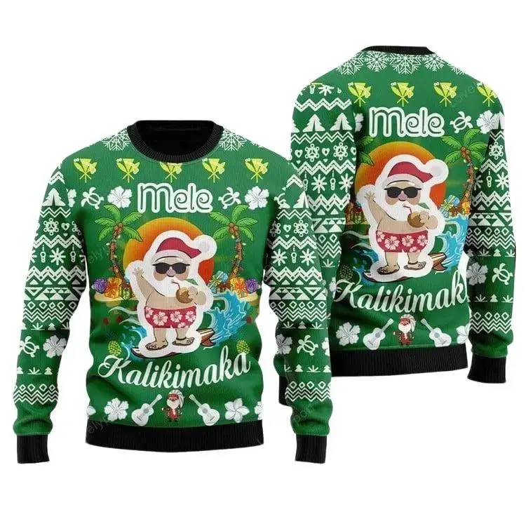 Santa Clause Christmas Ugly Sweater, Mele Kalikimaka Ugly Sweater, Funny Santa Green Sweater