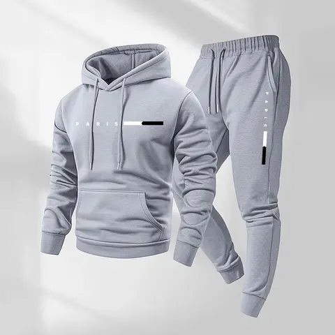 Men's 2-Piece Activewear Set - Matching Paris Print Hoodie & Drawstring Sweatpants, Casual Fit Long Sleeve Tracksuit for Fall Winter Athleisure, Cozy Breathable Clothes, Sporty Style Tracksuit Sets