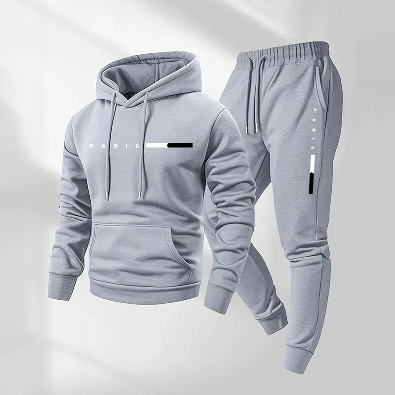 Men's Activewear Set, 2-Piece Casual Fit Long Sleeve Tracksuit with Paris Print Hoodie & Drawstring Sweatpants for Fall Winter Athleisure, Tracksuit Outfit