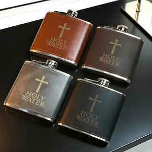 Cross & Holy Water Design Leather Flask, Stylish Bottle, Stainless Steel & Leather Portable Liquor Flask, Compact Reusable Drinking Flask, Suitable for Whiskey, Liquor, Travel-Friendly Pocket Flask, Perfect Gift for Christian Friends/Men