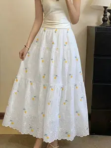 Women's Embroidered Floral Cake Skirt, Elastic Waist, Wavy Hem, Country Style, Spring Summer Long Midi Dress