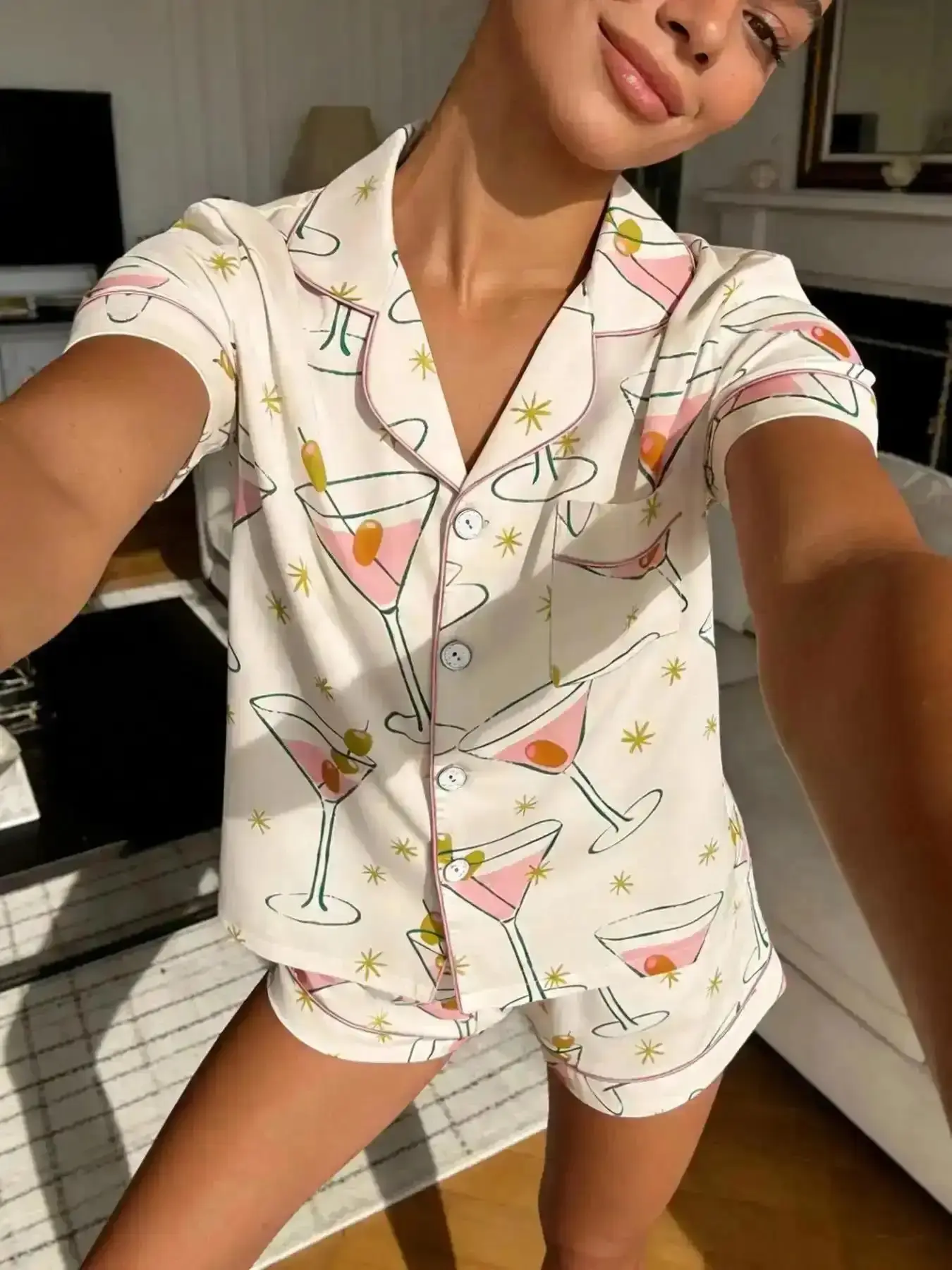 Everyday Comfort Set, Martini Cup Printed Sleepwear Pajama Set, Short Sleeve Shorts Lapel Open Front Home Wear Loungewear Two-Piece Suit, Cute All Season Pjs, Trending Now, Essential, Timeless, Daily Grind, Party Ready