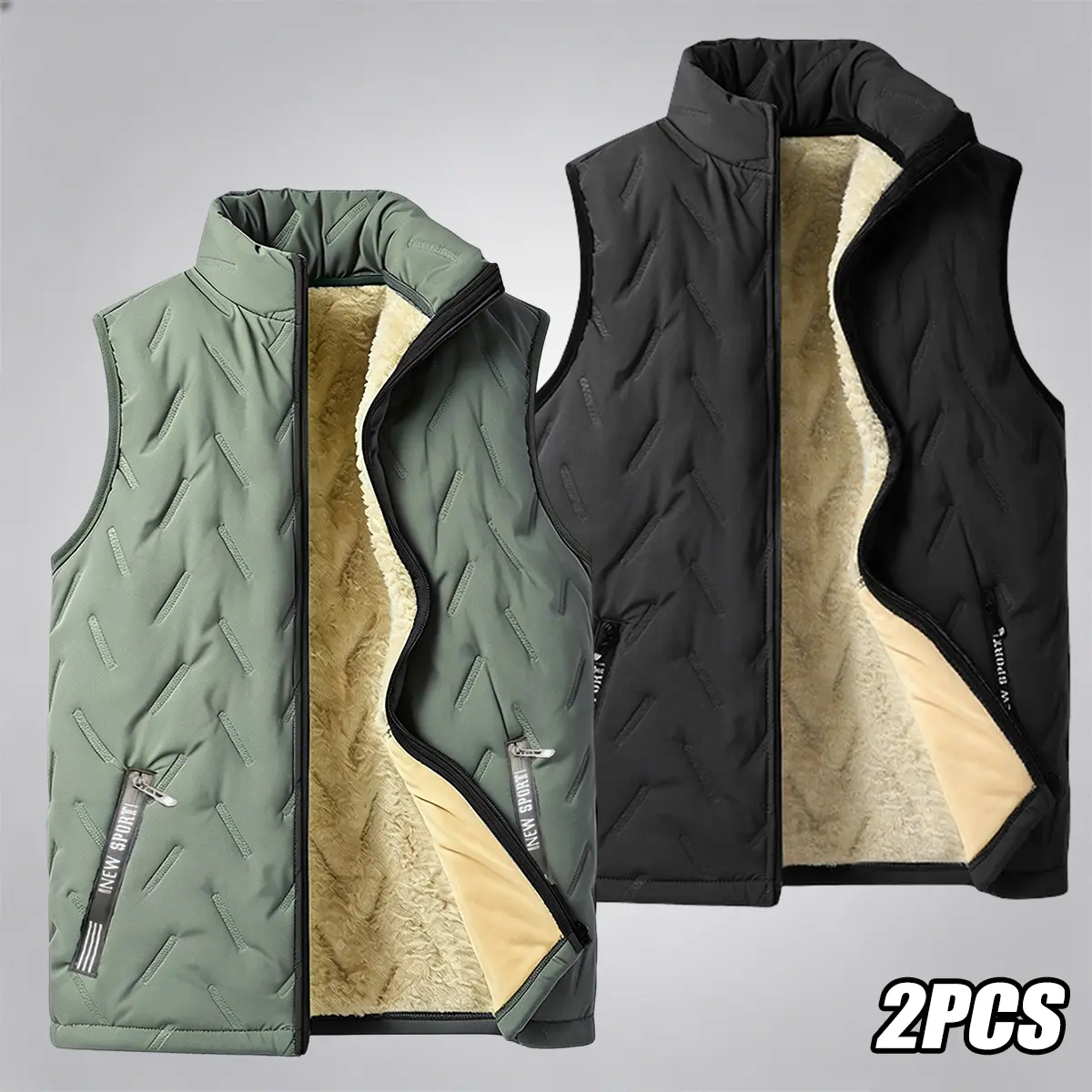 Two-piece set: classic men’s hooded zip-up cardigan vest jacket; stylish fleece-lined sleeveless jacket with zippered pockets; warm and comfortable for casual winter wear; hooded jacket, perfect for outdoor activities and everyday outfits.