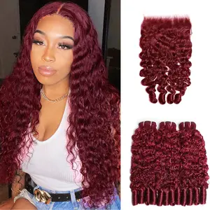 Megeen Hair Burmese Curly Bundles Human Hair with Spiral End Human Hair Bundles 100% Unprocessed Virgin Hair Extensions Dark Burgundy 99J Hair BundlesWith 5X5 Lace Closure