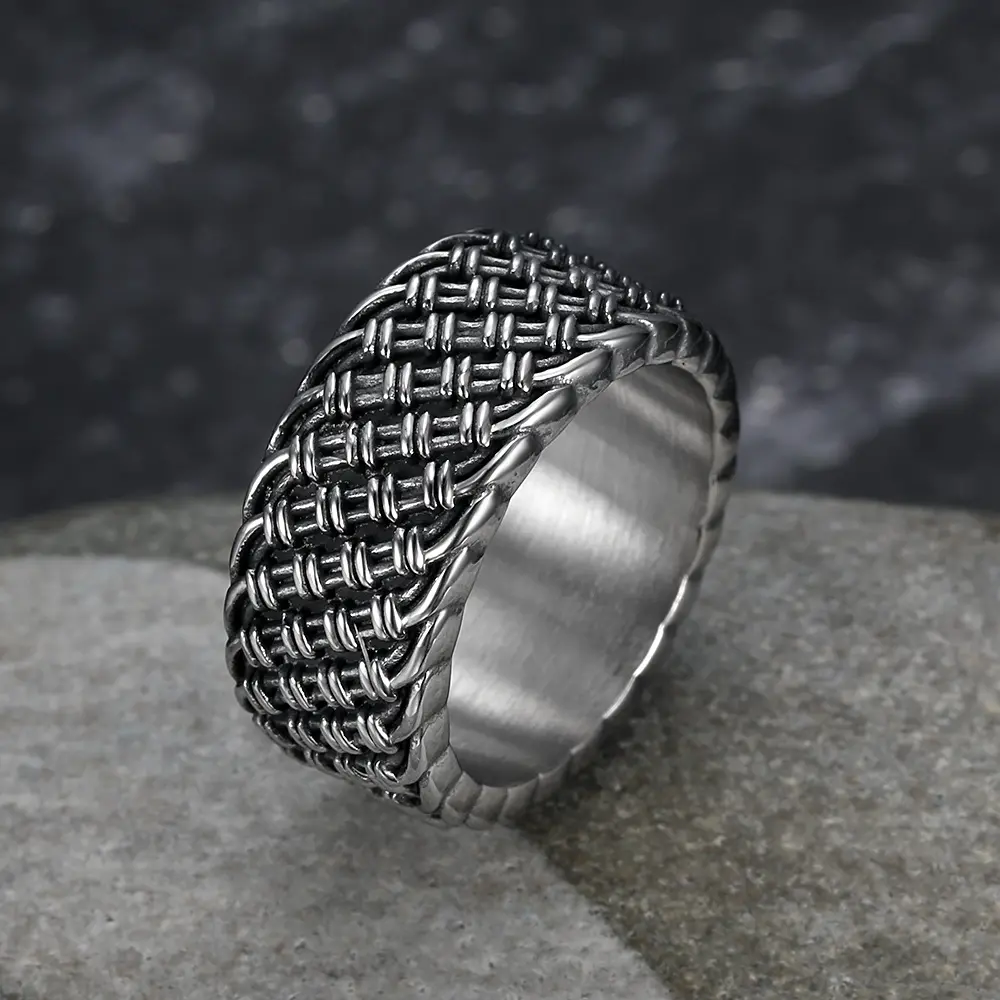 Men's Wide Band Durable Solid Steel Ring - Simple Creative Woven Striped Design, Vintage, Elegant Fashion Men's Jewelry, Suitable for Business Casual & Daily Wear, Graduation Accessories, Elegant Fashion Rings, Vintage Rings