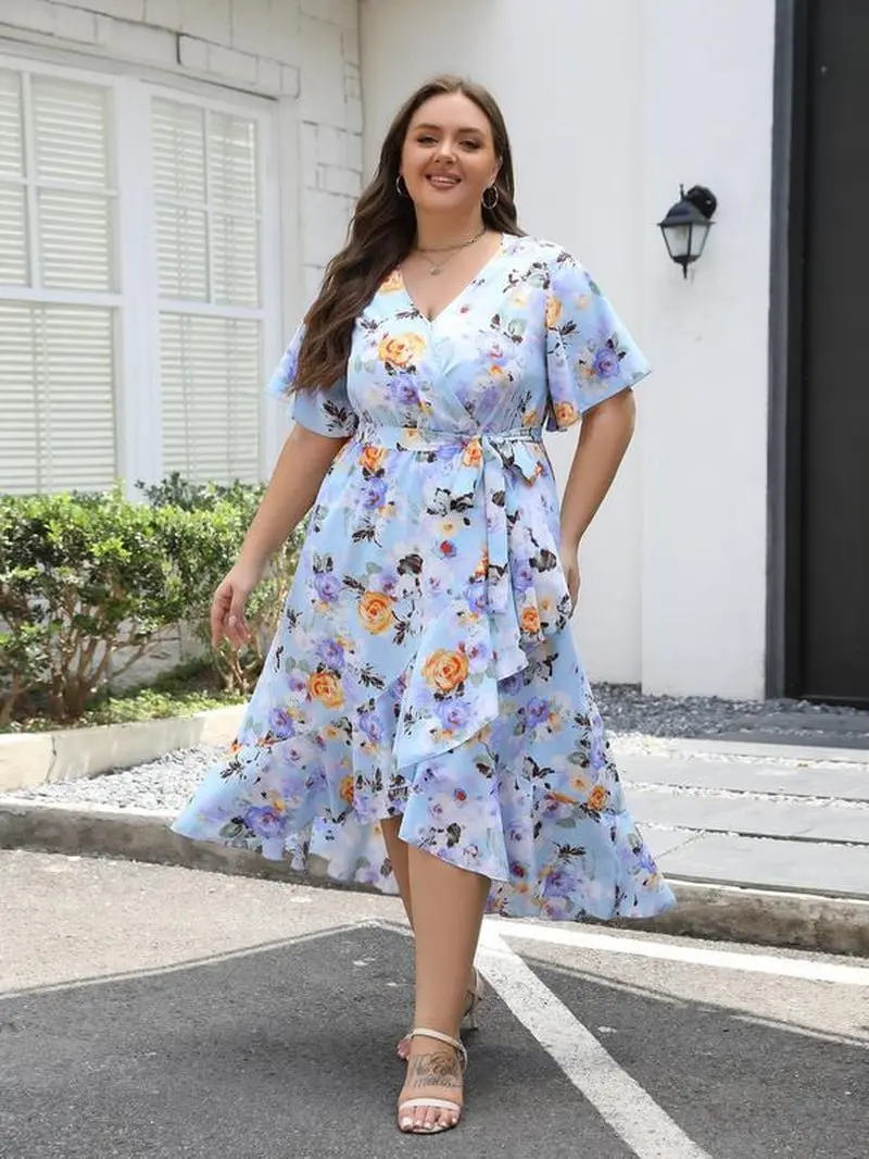 Plus Size Floral Print Ruffle Hem Belted Wrap a Line Dress, Boho Butterfly Sleeve V Neck High Low Midi Dress, Women Clothing for Spring & Fall - TikTok Shop Plus Size Floral Print Ruffle Hem Belted Wrap a Line Dress, Boho Butterfly Sleeve V Neck High Low Midi Dress, Women Clothing for Spring & Fall - TikTok Shop