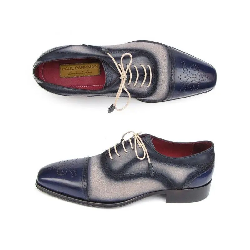 Paul Parkman Captoe Oxfords- Navy/Beige Hand-Painted Suede Upper And Leather Sole