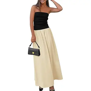 PrettyGarden Women's Summer Strapless Maxi Dresses Patchwork Long Flowy Pockets Elegant Going Out Summer Tube Top Dress