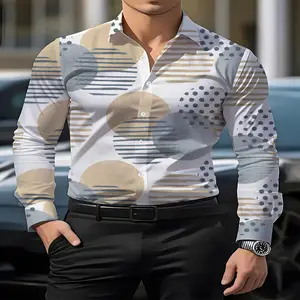 Men's Long Sleeve Shirt, Geometric Print, Men's Printed Shirt, Circle Stripe Pattern, Men's Shirt, Soft Pastel Colors, 3D Casual Shirt for Men, Soft and Comfortable, Skin-Friendly and Delicate, Spring and Autumn Base Layer Shirt