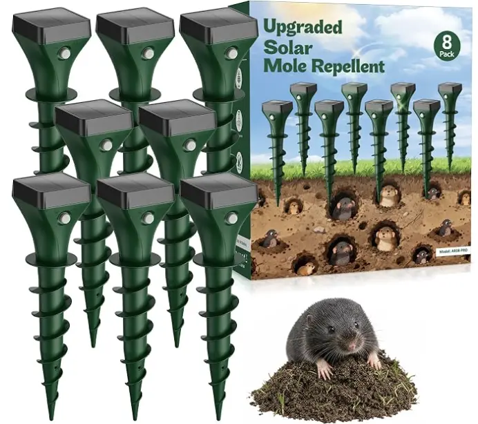 8 Pack Mole Repellent Solar Powered, Gopher Repellent Ultrasonic Stakes for Lawns, IP65 Waterproof Mole Deterrent for Yard, Outdoor Rodent Control for Groundhog, Vole, Armadillo, Chipmunk, Snake