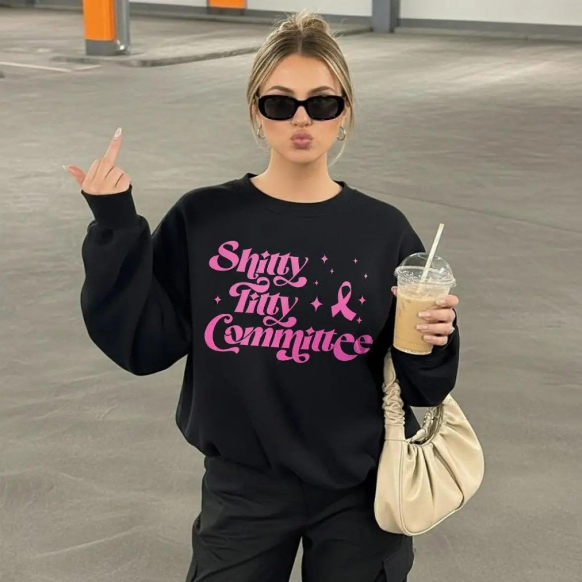 Shitty Titty Committee T-Shirt, Breast Cancer Awareness Sweatshirt, Ribbon Long Sleeve T-Shirt, Funny Cancer Fighter, Survivor, Gift, Comfortable Stretch, Moves with You, Classic Fashion, Fits Every Occasion