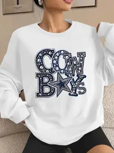 Women's Cowboys Letter & Rhinestone Print Drop Shoulder Sweatshirt, Casual Long Sleeve Round Neck Pullover for Fall & Winter, Ladies Clothes for Daily Wear