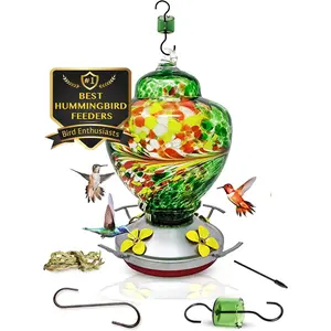Hummingbird Feeder, Hanging-Mount Glass Hummingbird Feeders for Outdoors, Hand-Blown Glass Feeder with Ant Moat for Garden Hummingbirds, Easy to Clean & Rust Resistant,  Green