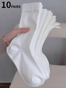 10-Pair Pack Women's Solid Color Wide-Cuff Comfortable Simple Maternity Socks Moisture-Wicking Breathable Mid-Calf Socks Pure White Mid-Calf Socks Fall/Winter Style