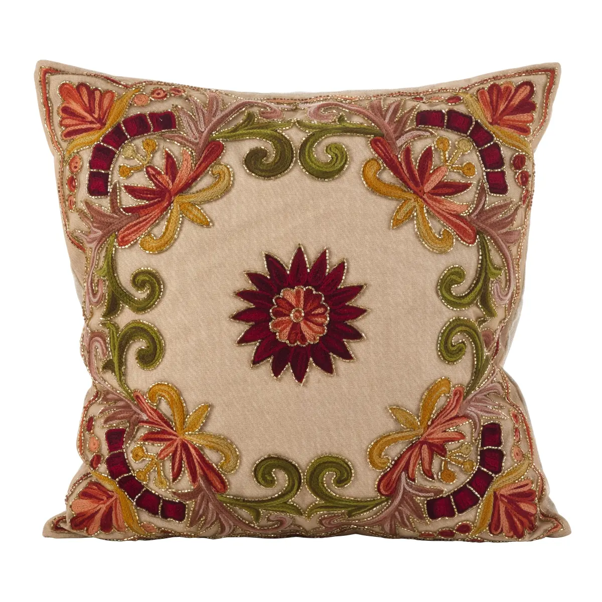 SARO AN02.M18S 18 in. Square Colorful Floral Motif Embroidered Beaded Netting Cotton-Poly Filled Throw Pillow, Multi-Color, for Whimsical Room & House Decor