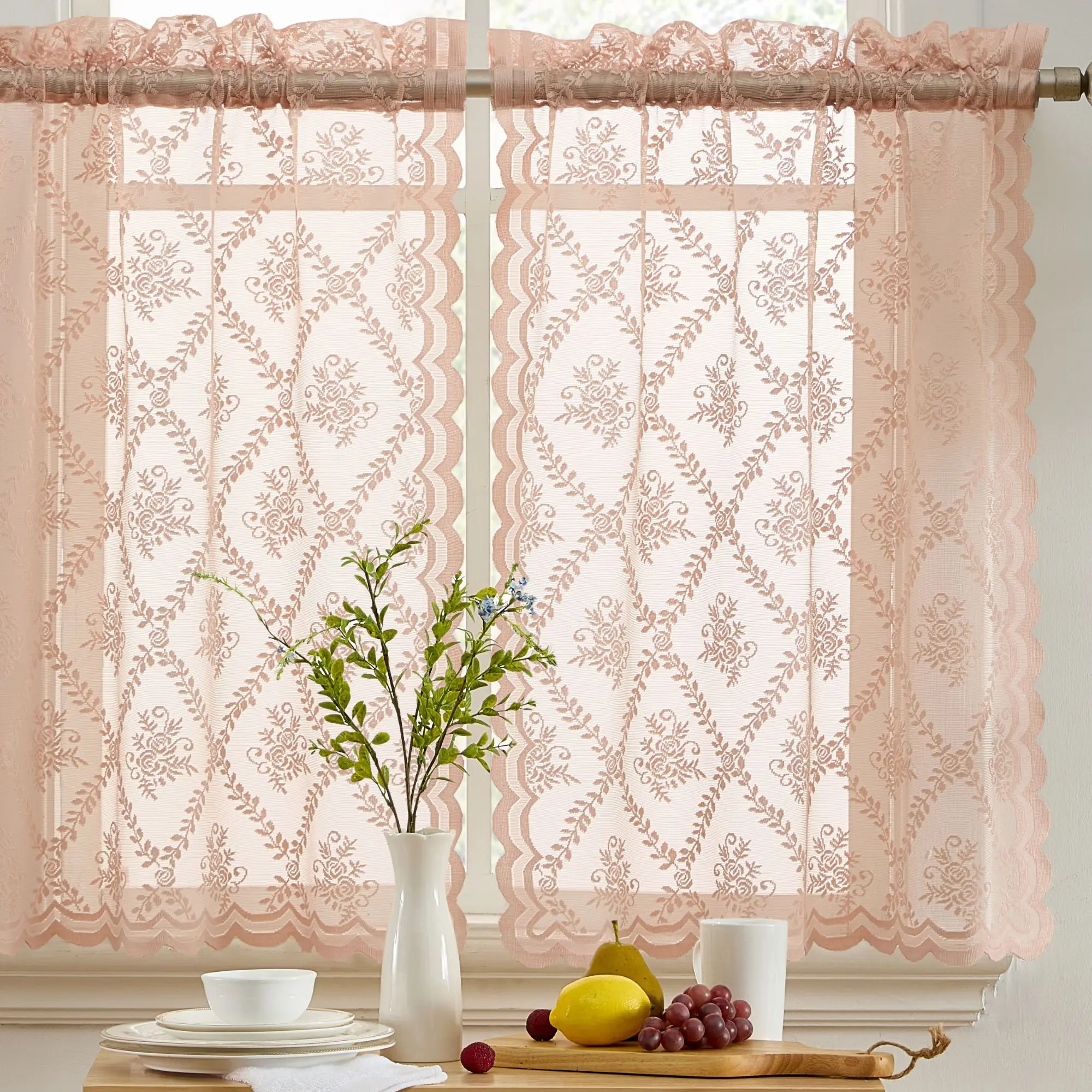 HLC.ME Isabella Floral Rod Pocket Lace Tiers Set of 2 Light Romantic Airy Sheer Curtains for Home Decor Easy Install Lightweight Voile Fabric