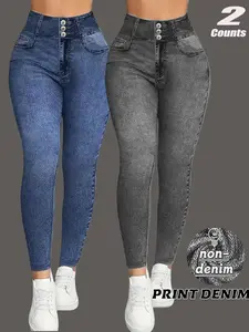 Women High-Waisted Stretchy Printed Jeans leggings, Fake Button Design, no real pockets, All-Season Wear, Slim Fit, Breathable, Casual Style，imitation denim fabric
