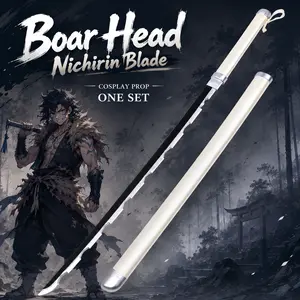 Anime Samurai Katana Prop - Demon Slayer Inosuke Hashibira Replica Blade, White Cord-Wrapped Shirasaya Sheath, Black-Silver 2-Tone Blade, Guardless Design, for Cosplay Shooting & Fan Collection (New Upgrade)