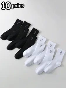 Cross Stitch Flower Pattern Mid-Calf Socks, Unisex Comfortable Breathable, 10 Pairs Set, Suitable for All Seasons