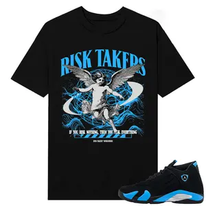 Unisex T-shirt To Match Sneakers Jordan 14 Black & University Blue - Risktakers Worldwide. 100% Cotton for Casual Wear. Comfortable Summer Unisex T-Shirt to match Jordan Sneaker. Streetwear Style. urban outfitters