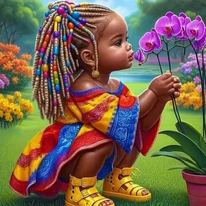 African Girl Orchid Flower Garden 5D Full Drill Diamond Painting Kit Vibrant Design with Shimmering Colorful Braid and Floral Accents Cheerful Cultural Art Style DIY Art For Home Wall Decor Ideal Gift For Cultural And Craft Enthusiasts