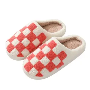 Women Cotton Checkered Fuzzy Slippers Memory Foam Fluffy Preppy House Sandals Closed Toe Trendy Checkerboard Bedroom Girl Footwear