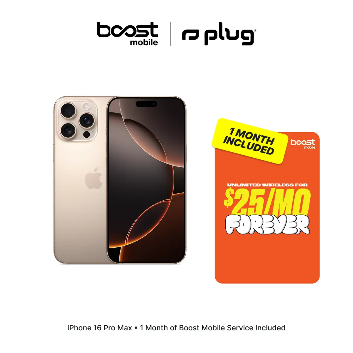 Refurbished Apple iPhone 16 Pro Max (Unlocked) + 1 Month of Unlimited Boost Mobile Service Included - Good Condition with 1-Year Warranty by Plug