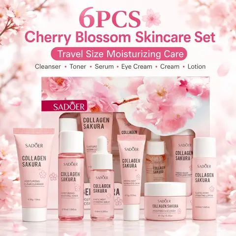 Sjopa Women's 6PCS Cherry Blossom Skin Care Kit - Travel-Size Travel Toiletries for Adults, Includes Cleanser, Toner, Serum, Eye Cream, Face Moisturizer, Lotion, Nontoxic Beauty Set for Daily Moisture & Soft Skin, Easy Gift Box