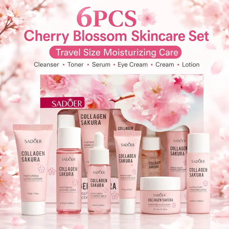Sjopa Women's 6PCS Cherry Blossom Skin Care Kit - Travel-Size Travel Toiletries for Adults, Includes Cleanser, Toner, Serum, Eye Cream, Face Moisturizer, Lotion, Nontoxic Beauty Set for Daily Moisture & Soft Skin, Easy Gift Box