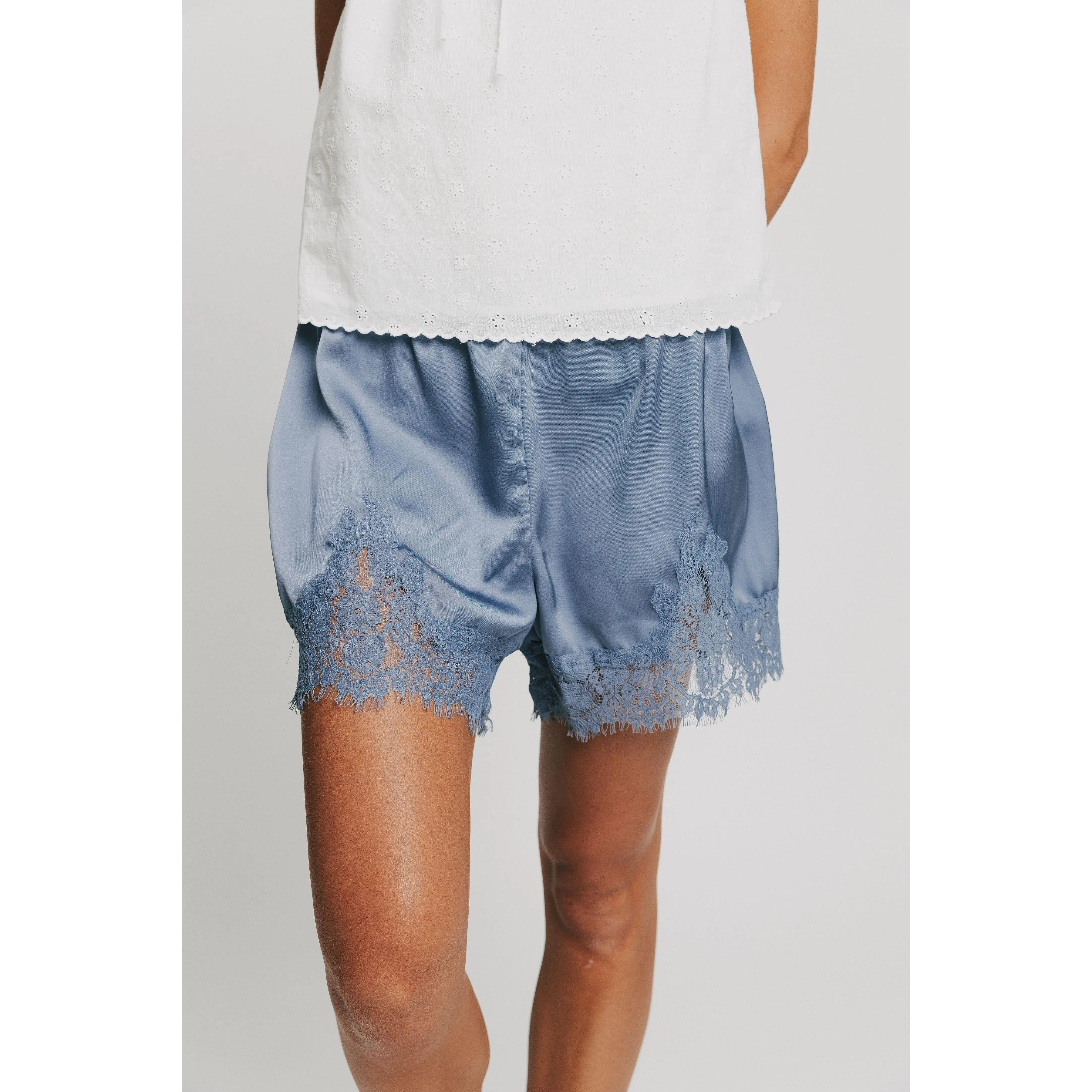 Women's Elegant Dreamy Details Shorts - Smooth Satin, Lace Accents, Everyday Wear, 2 Colors, Mid Rise