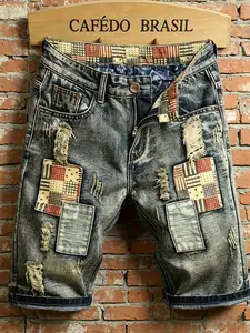 Men's Y2K Grunge Patchwork Denim Shorts, Vintage Distressed Ripped, Baggy Straight Fit, Streetwear Summer Shorts