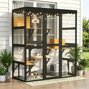 Large Outdoor Cat Enclosure for Multiple Cats - Senior & Kitten Friendly with Upgraded Low-Height Platforms, Dedicated Space for Automatic Litter Box & Feeder, Walk-in Wooden Cat House with 2 Condos, 5 Platforms, Weatherproof Roof