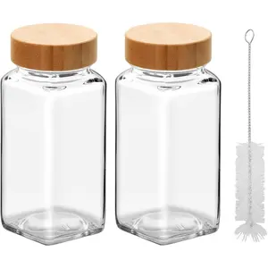 2Pcs 4oz Glass Jars with Shaker Lids, Spice Jars Trial Set & Supplement Set, Empty Spice Containers and Square Spice Bottles for Kitchen (Bamboo Lids)