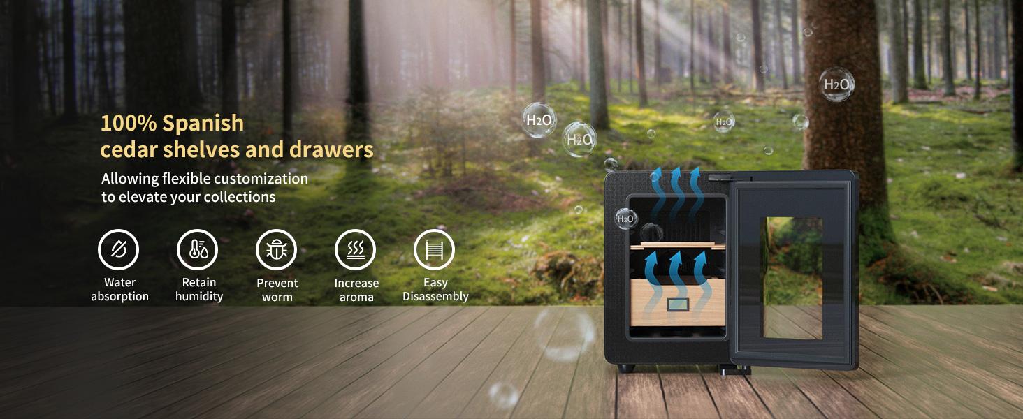 Humidor Electric 8L for Cigar with Heating & Cooling Control, Quiet Thermostatic Electric Cooler Cabinet for 80 Counts with Spanish Cedar Wood Shelves & Drawer with Hygrometer, Gift for Men