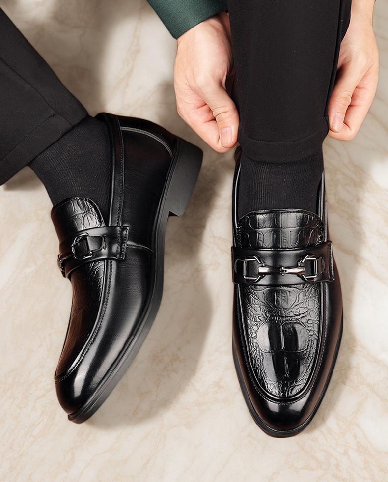 Men's Black Croc-Embossed Buckle Strap Loafers, Formal Slip-On Leather Shoes86392