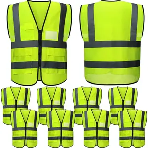 10 pieces reflective safety vests with pockets and zipper high visibility mesh construction vest for men women