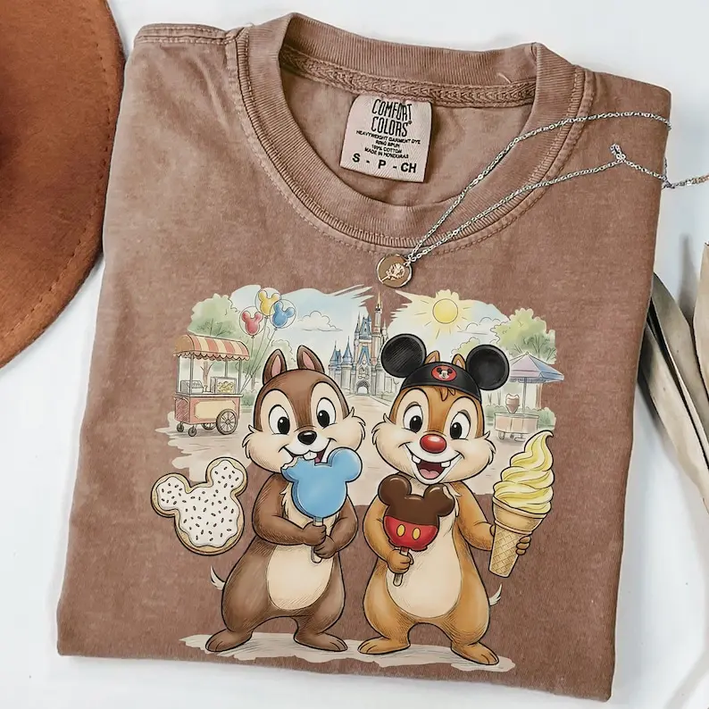 Funny Cute Chipmunk Duo Snack Shirt, Cartoon Ice Cream Graphic Tee, Double Trouble Friends Shirt, Theme Park Vacation Outfit, Family Trip Shirt, Comfort Colors Style