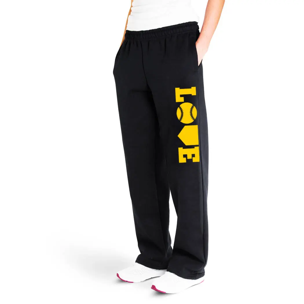 Softball Fleece Sweatpants with Drawstring Elastic Waistband - Softball-Themed, Yellow (Sports & Outdoor Bottoms), Sporty Sports Bottoms