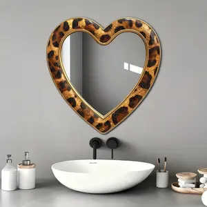 1pc Golden Leopard Print Heart-shaped Wall Mirror | Acrylic and Wood Frame, Polished End, Wall Mounted Decorative Mirror for Corridor, Living Room, Bedroom, Bathroom, Home Decorations