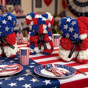 Patriotic Rose Bear for 4th of July, Blue Artificial Flower with Silver Color Stars, Independence Day Home Decor, Perfect Gift