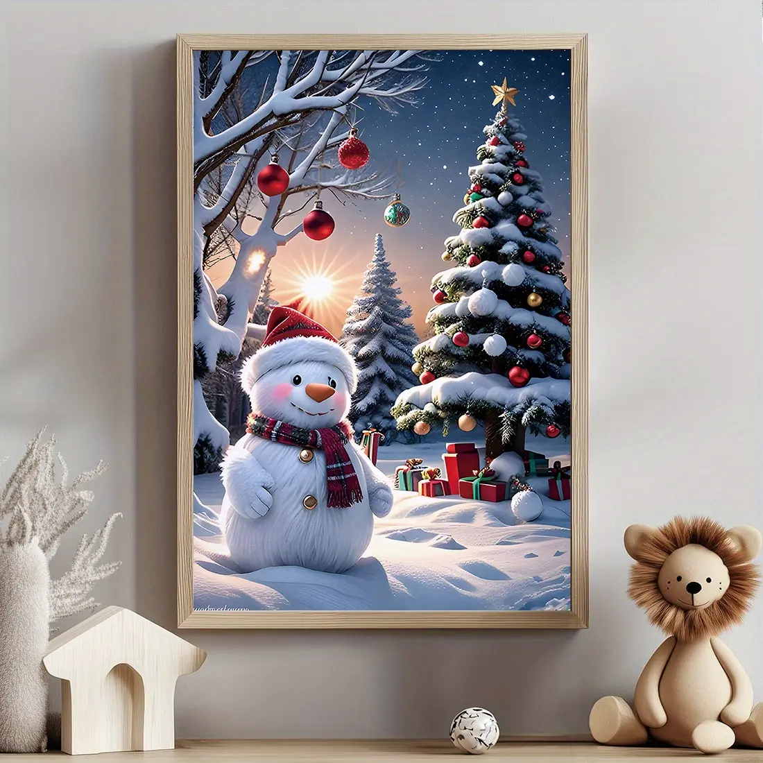 12x16 inch Unframed Christmas Snow Scene Canvas Wall Art Painting - Snowman & Decorated Tree Design, Fade-Resistant Archival Inks, Indoor Living Room Decor Gift