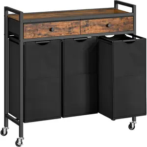 Laundry Sorter 3 Section, 130L Laundry Hamper with 2 Drawers, Rolling Laundry Basket, Pull-Out and Removable Laundry Bags for Laundry Room Organization, Rustic Brown and Black BF78XY01