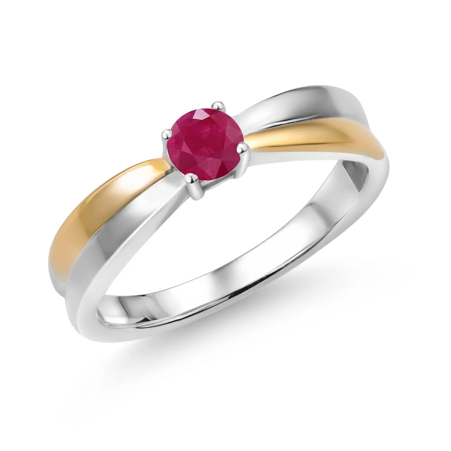 Gem Stone King 925 Silver and 10K Yellow Gold Red Ruby Solitaire Engagement Ring For Women (0.35 Cttw, Round 4MM, Gemstone Birthstone)