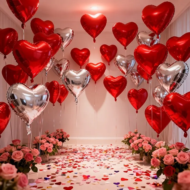 23-Pack Heart Foil Balloon Set | 10 Silver + 10 Red Heart Balloons + 2 Ribbons + 1 Straw | Party Decor, Birthday Decorations | Perfect for Birthday, Wedding, Valentine‘s Day, Christmas, New Year | Self-Sealing Design Reusable