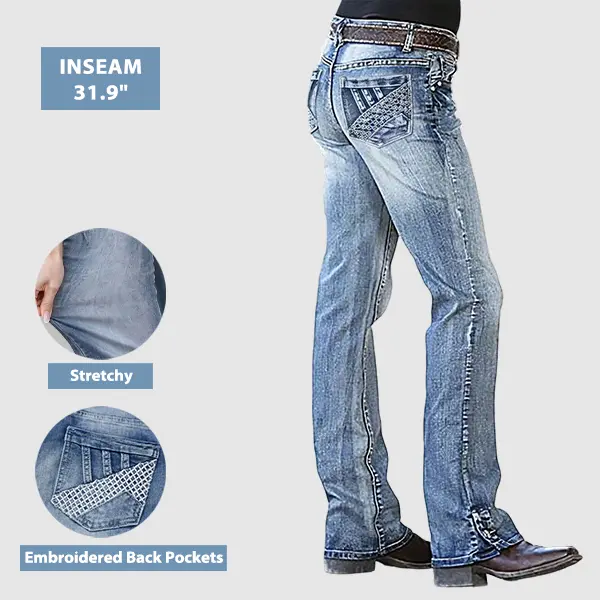 Flamingals Mid Waist Bootcut Jeans with Embroidered Pocket & Buttoned Hem High Stretch Denim 31.9" Inseam Without Belt