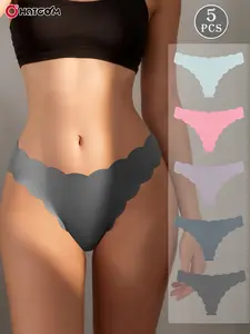 Hotcom 5Pcs Lady's Low Waist Smooth Plus Size Seamless Wave Design Breathable Antibacterial Ice Silk Thong Panties, All-Season Comfortable Fitted Casual Solid Color Women's Underwear Set