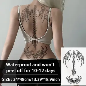 Gothic Dark Wings Skull Spine Temporary Tattoo Sticker, Waterproof Long-Lasting 7-15 Days, Semi-Permanent Herbal Fake Tattoo